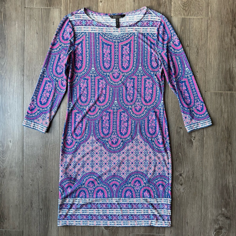 BCBGMAXAZRIA Calico Paisley Shift Dress - Pink/Blue - Size S